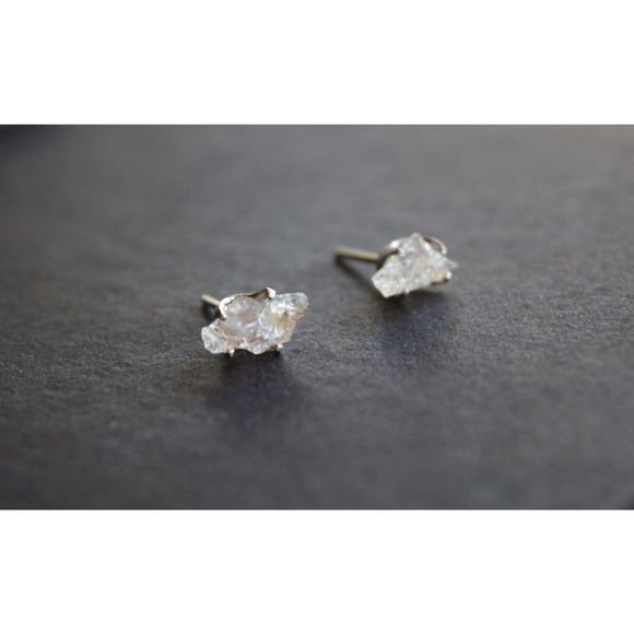 Sterling silver stud earrings, alternative diamond, uncut natural gemsto… - Picture 1 of 5